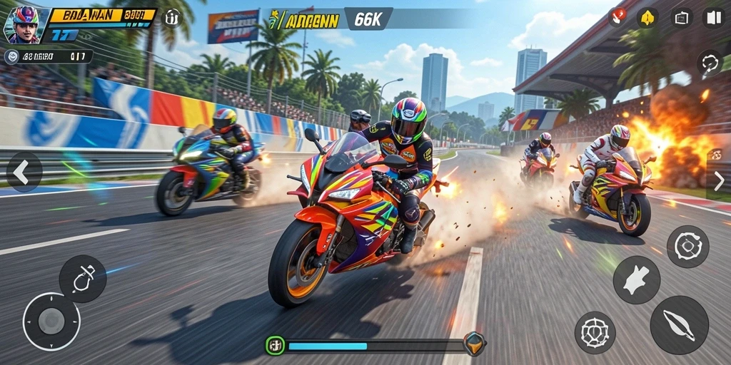 Screenshot utama 66K dengan aksi balapan motor yang seru.