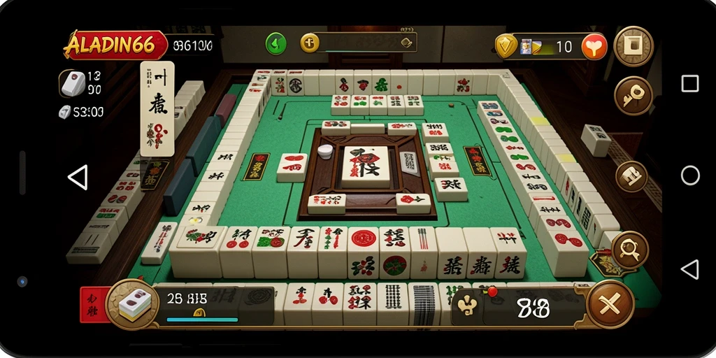 Screenshot dari gameplay ALADIN66 menampilkan ubin-ubin Mahjong yang berwarna-warni.