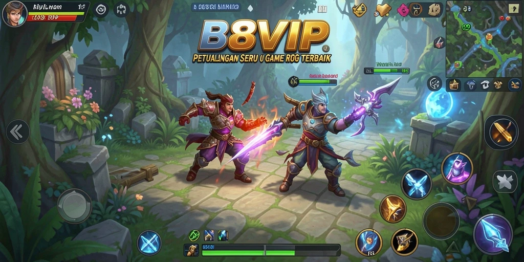 Screenshot gameplay B8VIP yang menunjukkan pertempuran epik dan dunia fantastis.