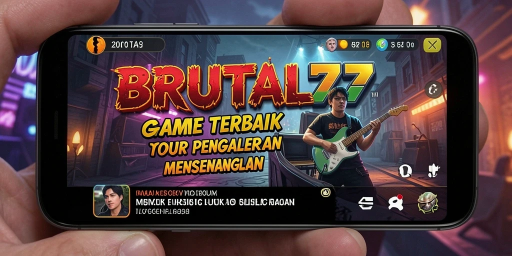 Tampilan gameplay BRUTAL77 yang penuh warna dan ritme musik yang mendebarkan.