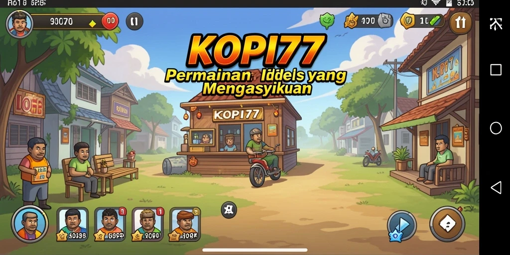 Tampilan screenshot KOPI77 menampilkan kedai kopi yang ramai pelanggan.