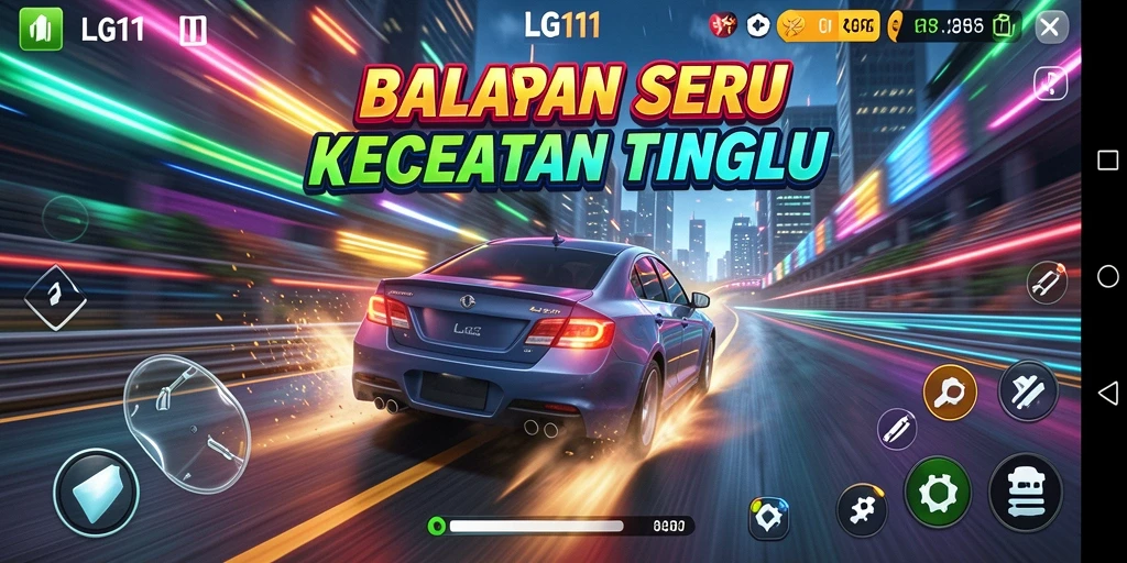 Screenshot menunjukkan balapan seru dengan kendaraan kecepatan tinggi.