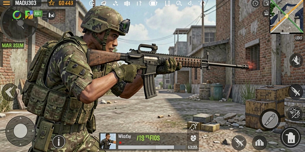 Screenshot gameplay MADU303 menampilkan aksi tembak-menembak yang seru dan menegangkan.