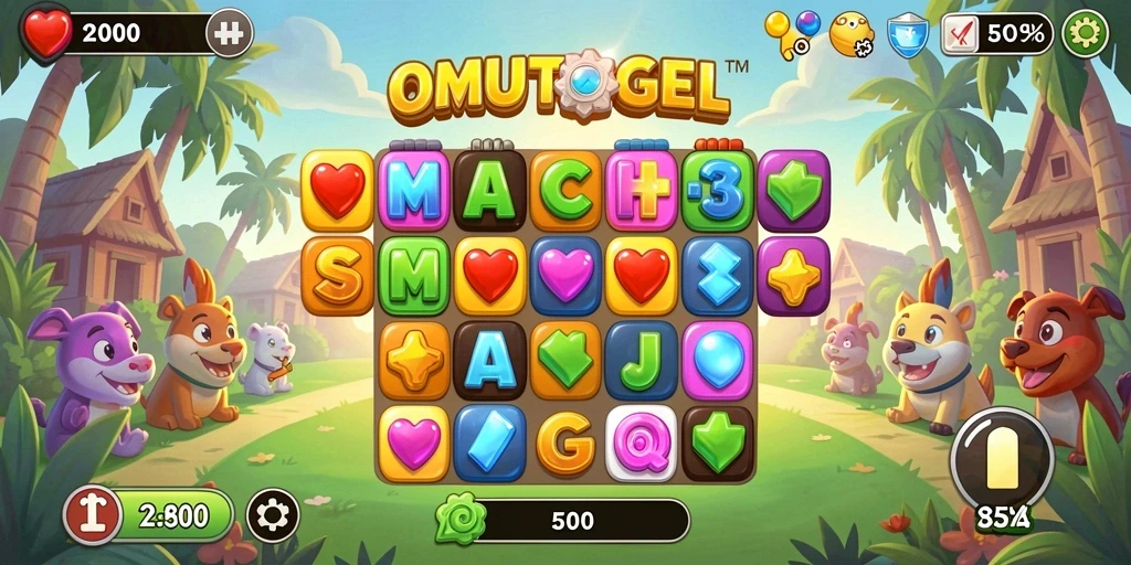 Tampilan gameplay seru di OMUTOGEL dengan permata warna-warni.
