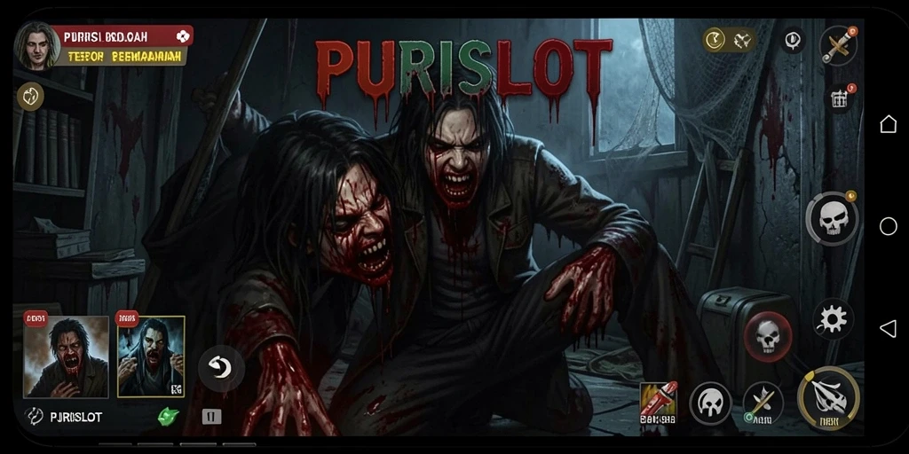 Tampilan gameplay PURISLOT yang mencekam dengan suasana menyeramkan.
